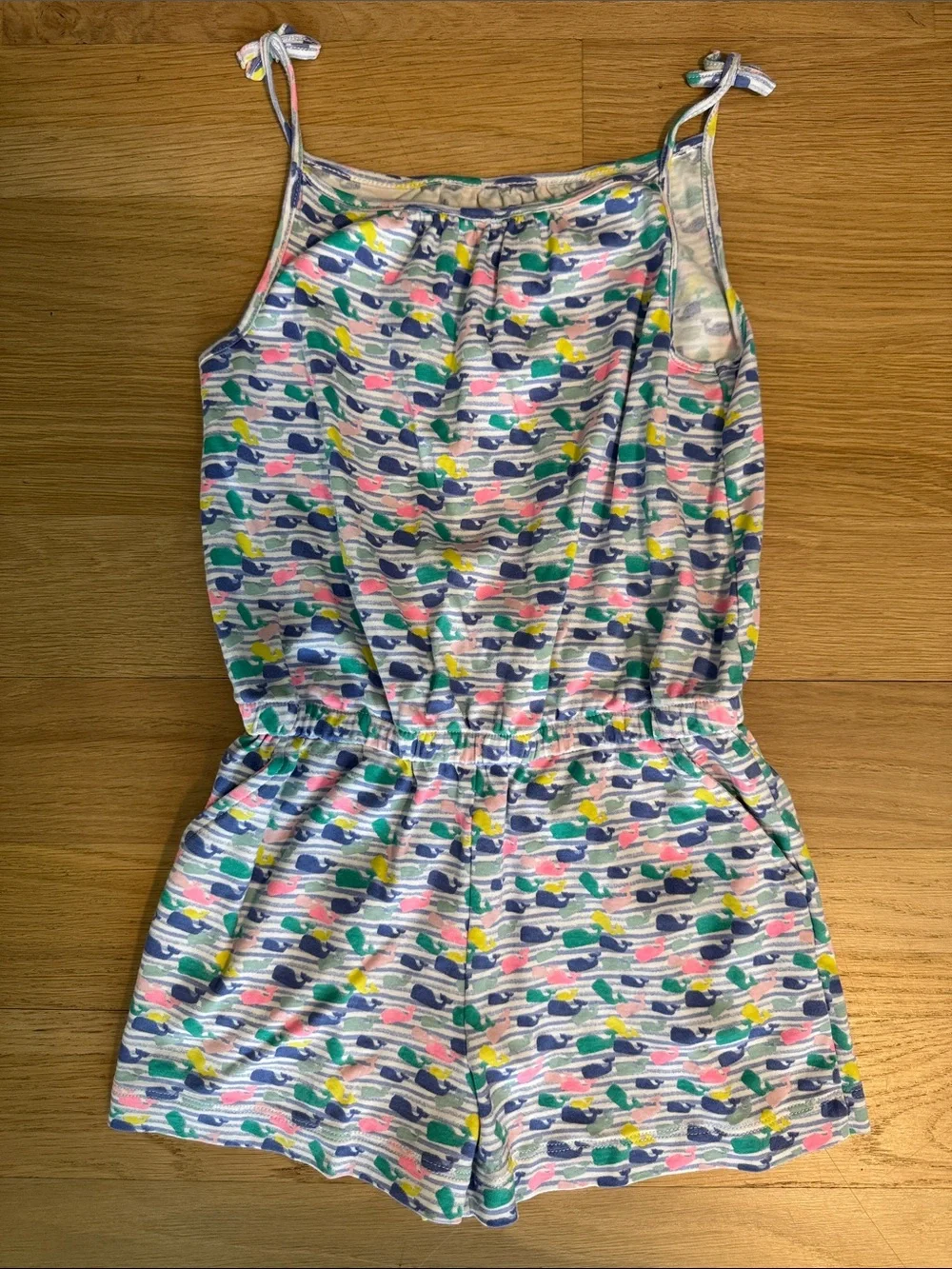 Vineyard Vines Girls White Romper with Blue, Pink, Yellow & Green Whale Print